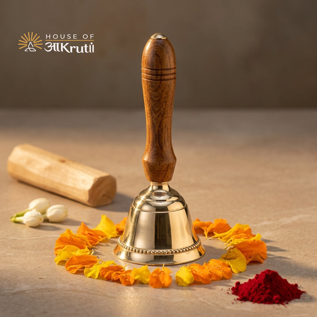 HOA પિત્તળની મંદિરની ઘંટડી લાકડાના હેન્ડલ સાથે – 22x5 CM
