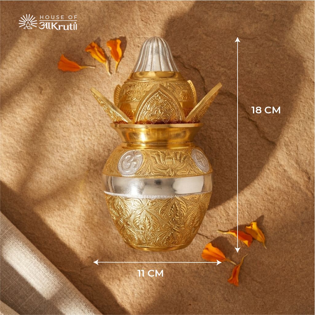 HOA Dual-Tone Metal Mangal Kalash with Nariyal and Mango Leaves – 18 X 11 CM