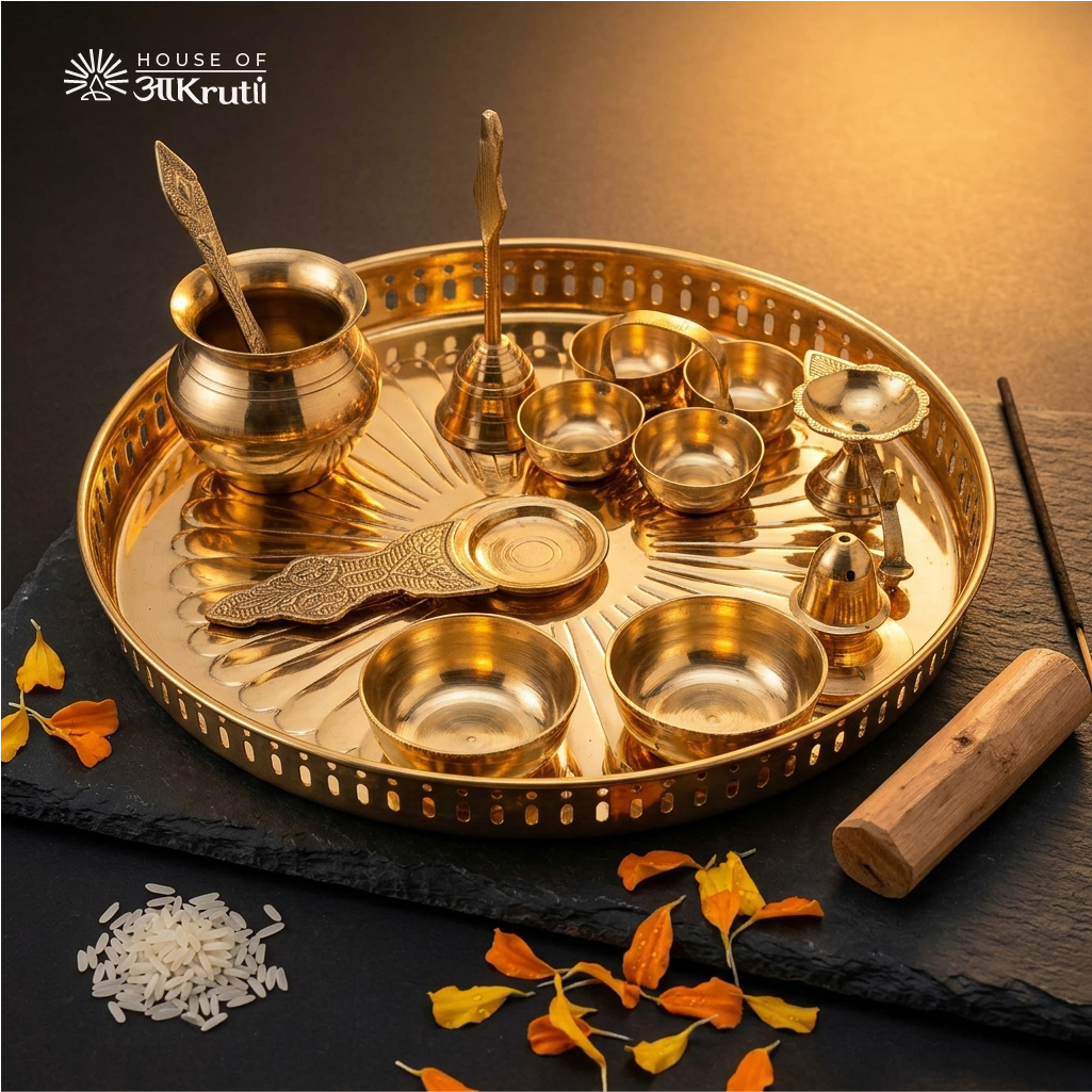 HOA Royal Pure Brass Pooja Thali Set (Complete 11-Piece Set) – 12 Inches