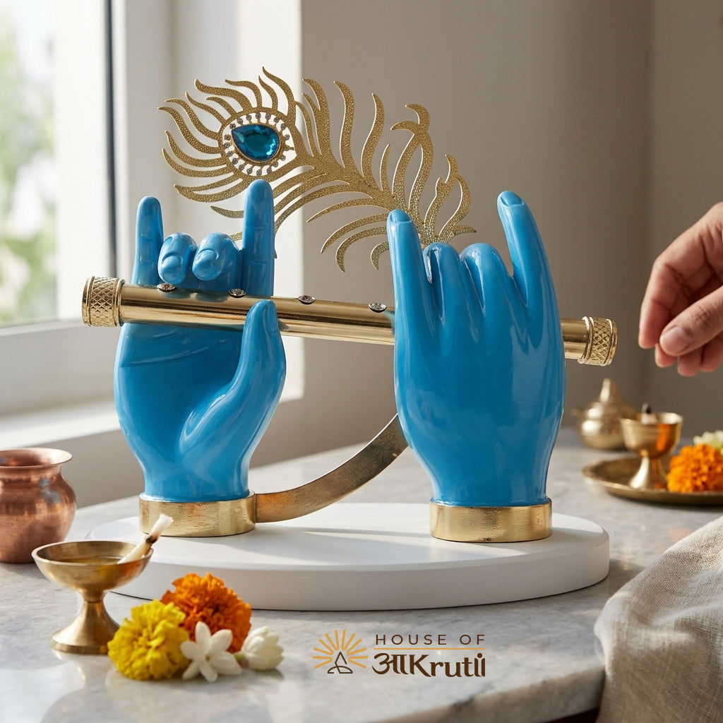 HOA Krishna Hand with Flute Blue Metal Idol – 3.5 Inches