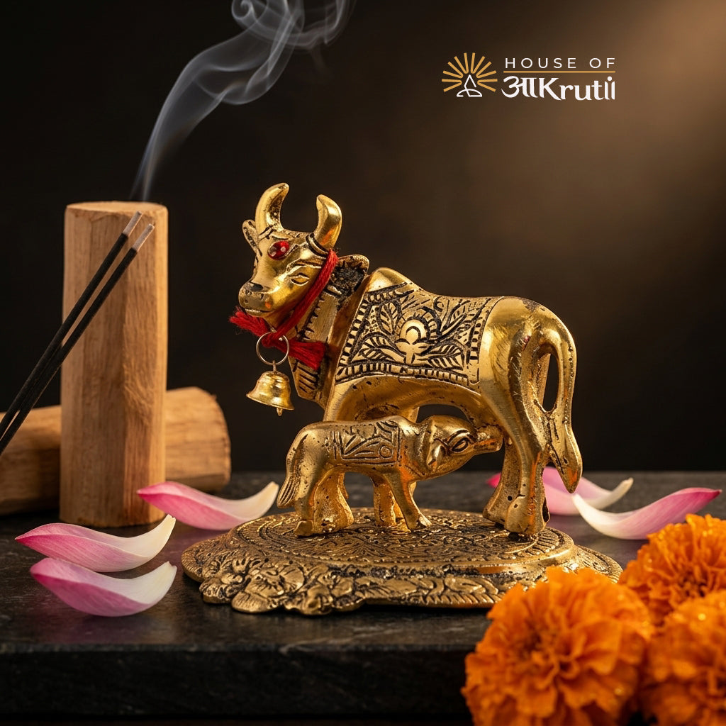 HOA ગાય અને વાછરડાની ધાતુની મૂર્તિ ગોલ્ડ – 12x11 CM