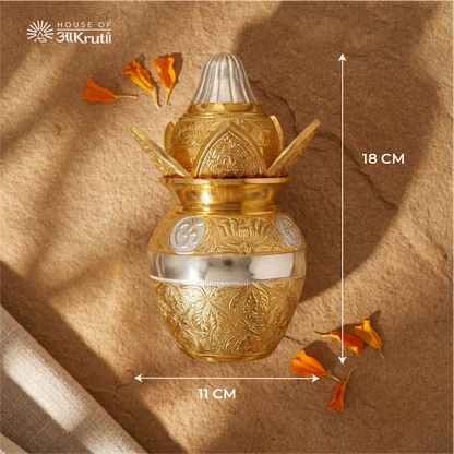 HOA Dual-Tone Metal Mangal Kalash with Nariyal and Mango Leaves – 18 X 11 CM