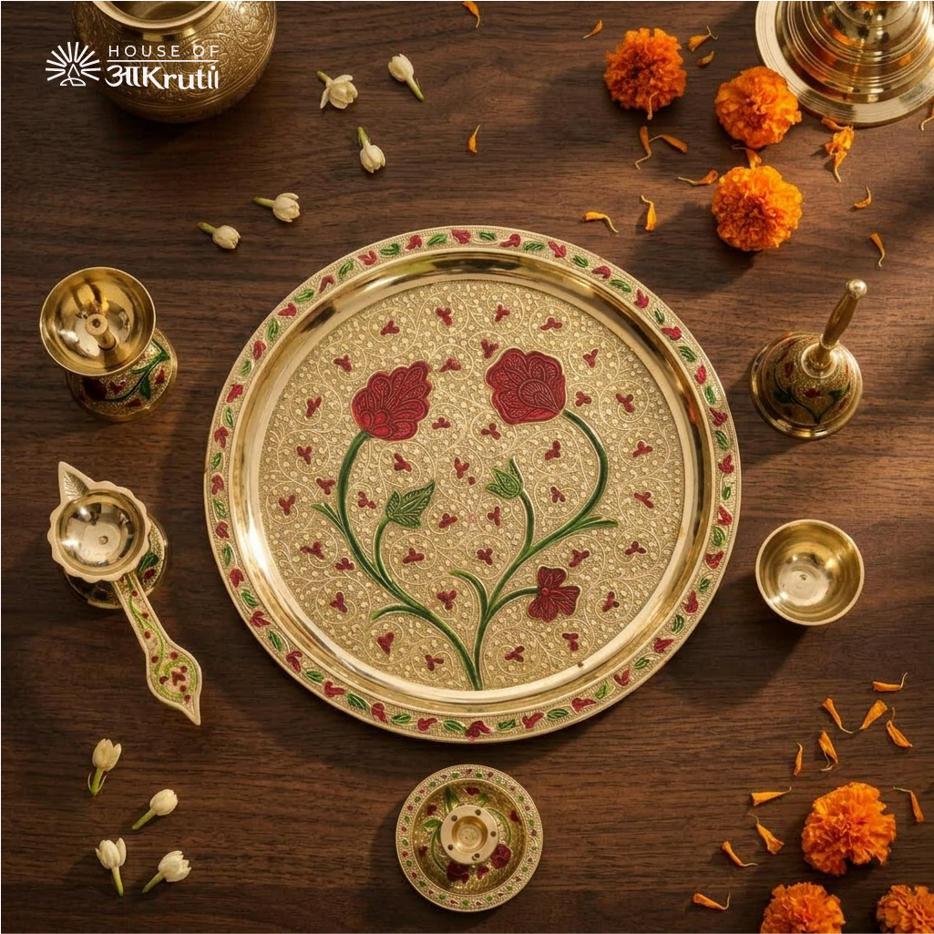 HOA Floral Meenakari Pure Brass Pooja Thali Set (6 Pieces) – 10 Inches