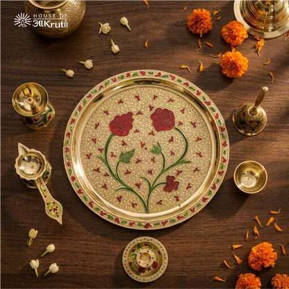 HOA Floral Meenakari Pure Brass Pooja Thali Set (6 Pieces) – 10 Inches