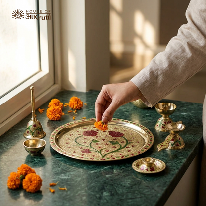 HOA Floral Meenakari Pure Brass Pooja Thali Set (6 Pieces) – 10 Inches