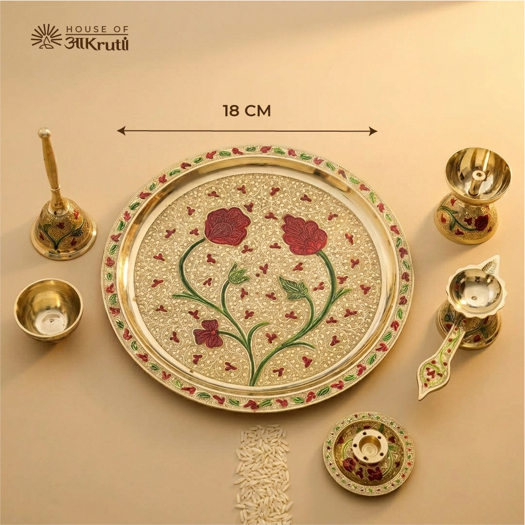 HOA Floral Meenakari Pure Brass Pooja Thali Set (6 Pieces) – 10 Inches