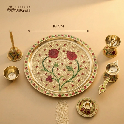 HOA Floral Meenakari Pure Brass Pooja Thali Set (6 Pieces) – 10 Inches