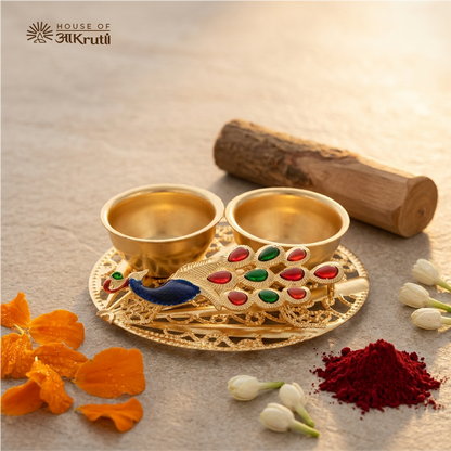 HOA Peacock Meenakari Kankavati (Dual Roli-Chawal Bowls) – 8 CM