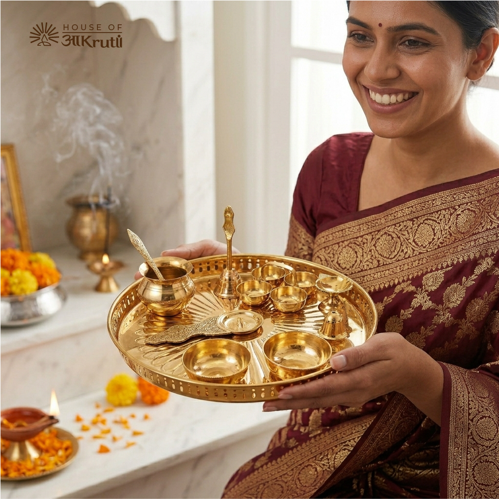 HOA Royal Pure Brass Pooja Thali Set (Complete 11-Piece Set) – 12 Inches