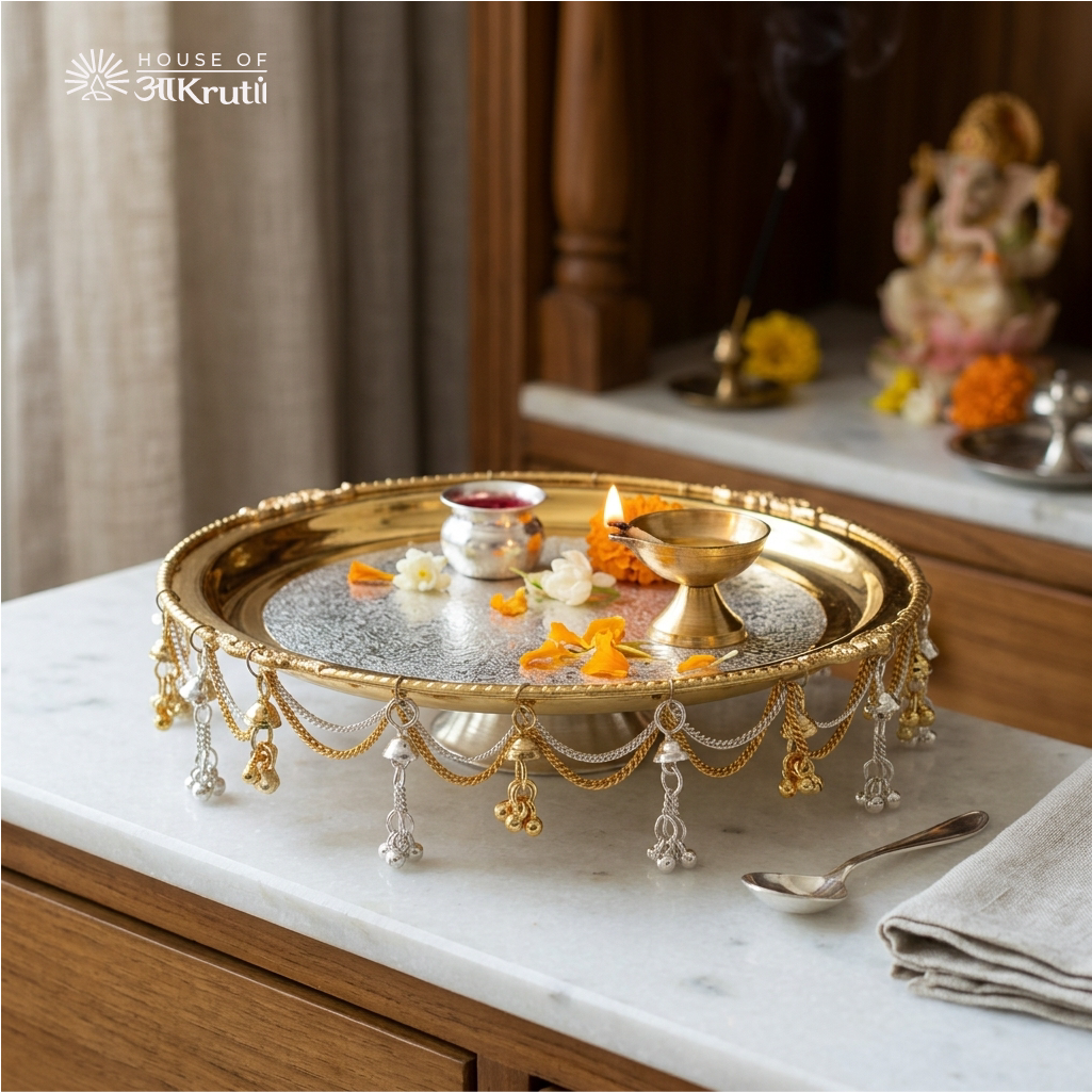 HOA Silver-Gold Plated Decorative Pooja Thali with Ghungroo – 10 Inches