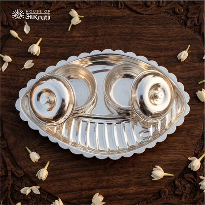 HOA Silver Plated Leaf-Shaped Kankavati Set with Lidded Bowls – 14 X 10 CM