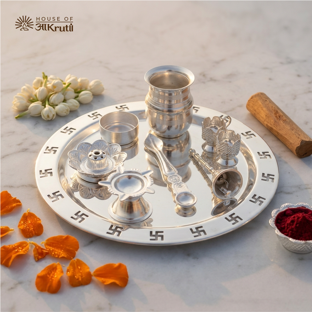 HOA Swastik Embossed Silver Plated Pooja Thali Set (8 Pieces) – 8 Inches
