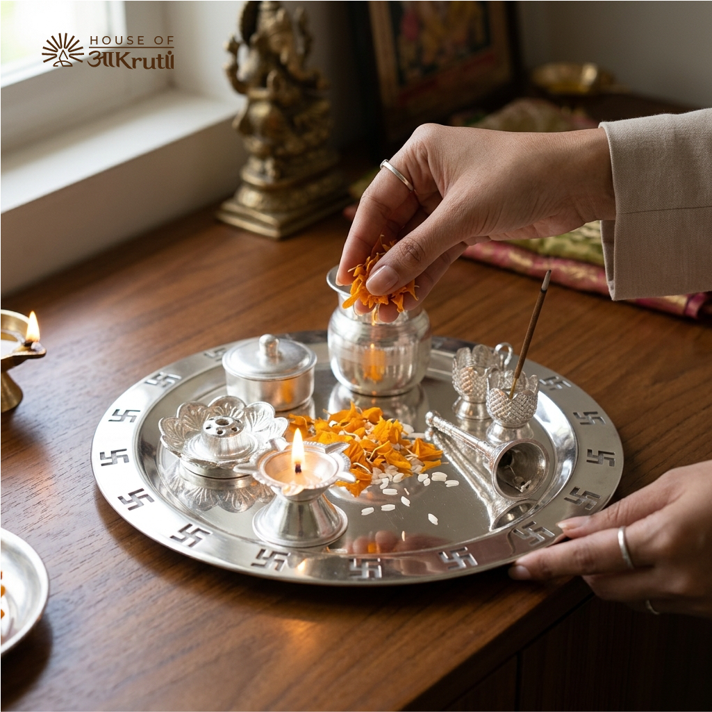 HOA Swastik Embossed Silver Plated Pooja Thali Set (8 Pieces) – 8 Inches