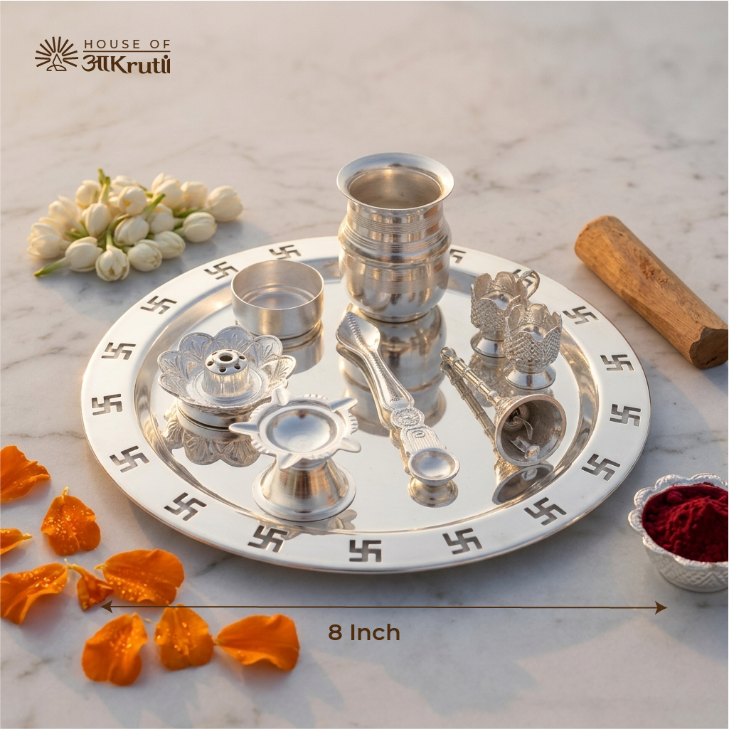 HOA Swastik Embossed Silver Plated Pooja Thali Set (8 Pieces) – 8 Inches