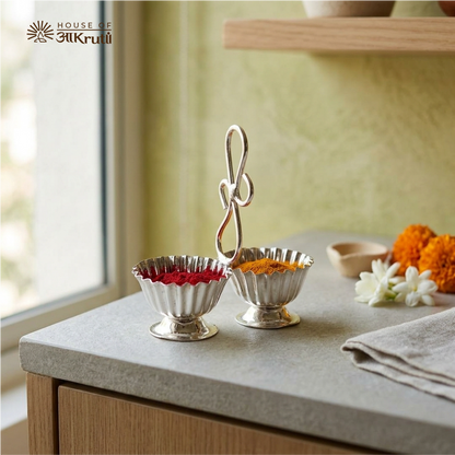 HOA Silver Plated Dual-Cup Kankavati with Center Handle – 7 x 7 CM