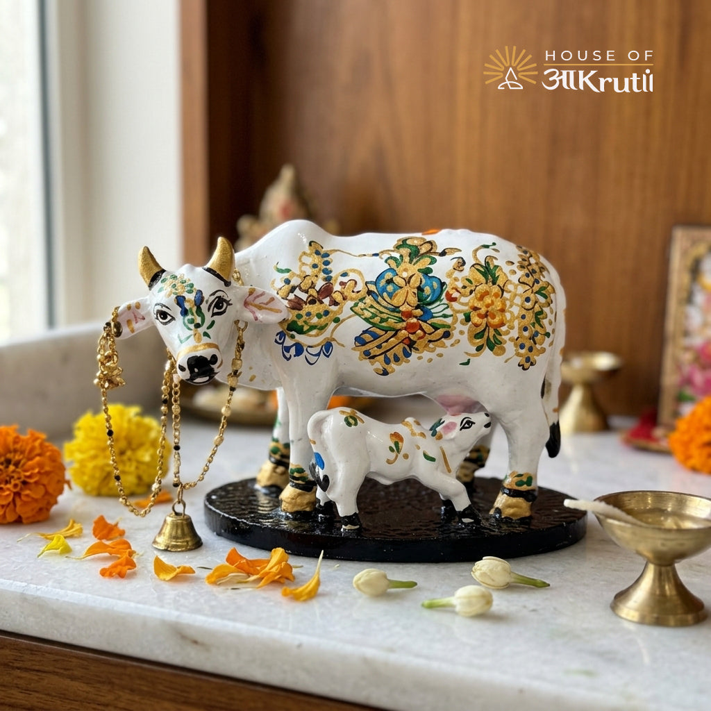 HOA Kamdhenu Cow with Calf Metal Idol – 5.1 x 3.9 Inches