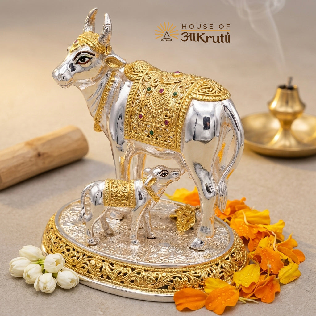 HOA Kamdhenu Cow with Calf Metal Idol – 3 Inches