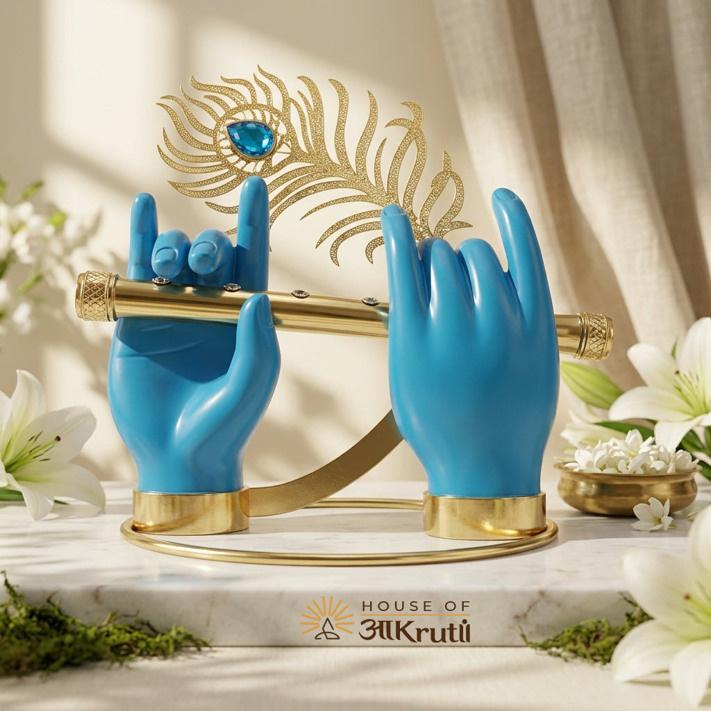 HOA Krishna Hand with Flute Blue Metal Idol – 3.5 Inches