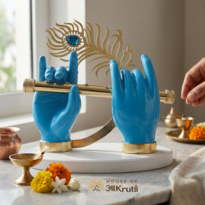 HOA Krishna Hand with Flute Blue Metal Idol – 3.5 Inches