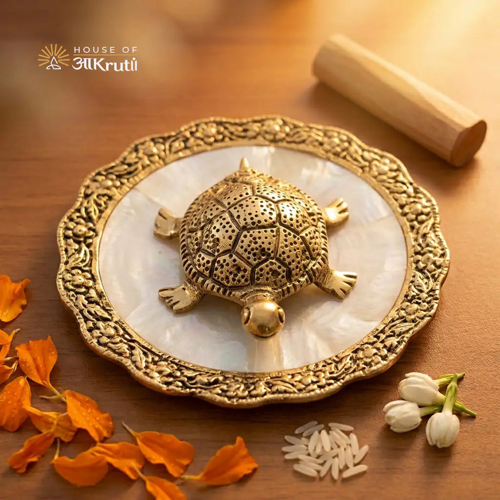 Decorative turtle sculpture on a stone base with 'House of Aakruti' branding.