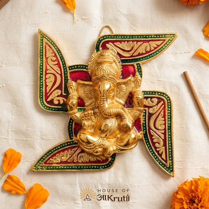 HOA Swastik Ganesha Metal Wall Hanging – 5x5 Inches